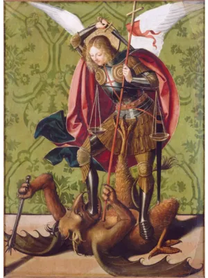 Une peinture de style gothique tardif représentant l'archange saint Michel terrassant le démon. L'archange, vêtu d'une armure dorée étincelante et d'une cape rouge, déploie de grandes ailes blanches. Il maintient au sol une créature monstrueuse hybride sous son pied tout en tenant une balance dans une main et une lance cruciforme dans l'autre. Le fond est orné d'un riche motif floral vert et doré.