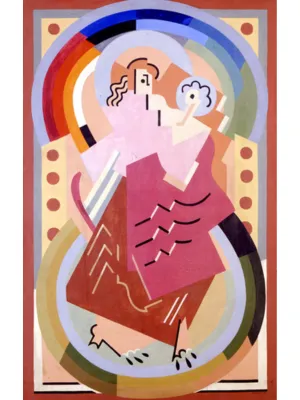 Peinture de style cubiste aux formes géométriques représentant une figure maternelle tenant un enfant. Les personnages sont décomposés en plans superposés de couleurs rose, bordeaux et ocre. Ils sont inscrits dans une composition dynamique faite de cercles concentriques multicolores évoquant des halos ou des arcs-en-ciel. L'ensemble est encadré par des bordures verticales ornées de points rouges sur un fond beige, créant une esthétique proche du vitrail moderne.